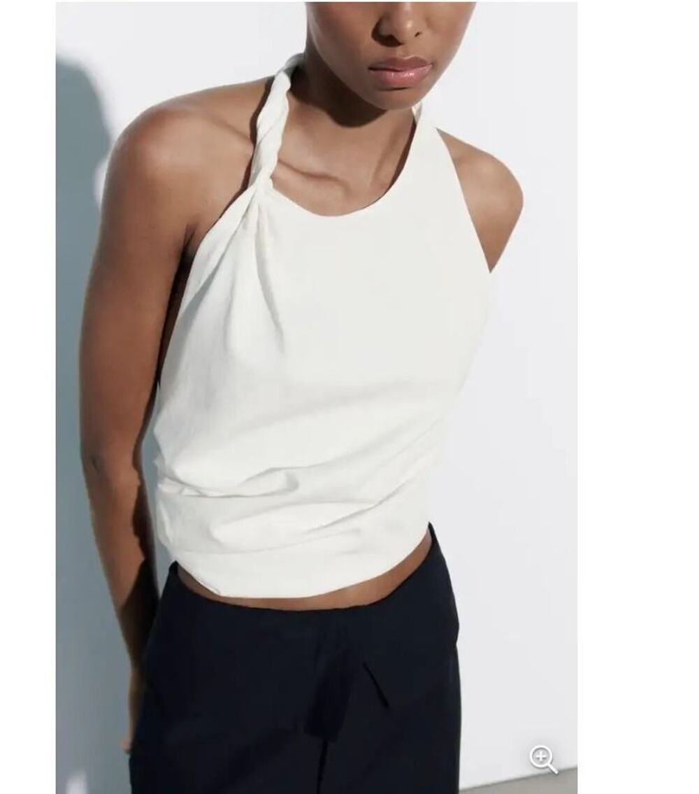 Zara Open Back Linen Blend Halter Top Sz XS White Blouse Side Zipper New